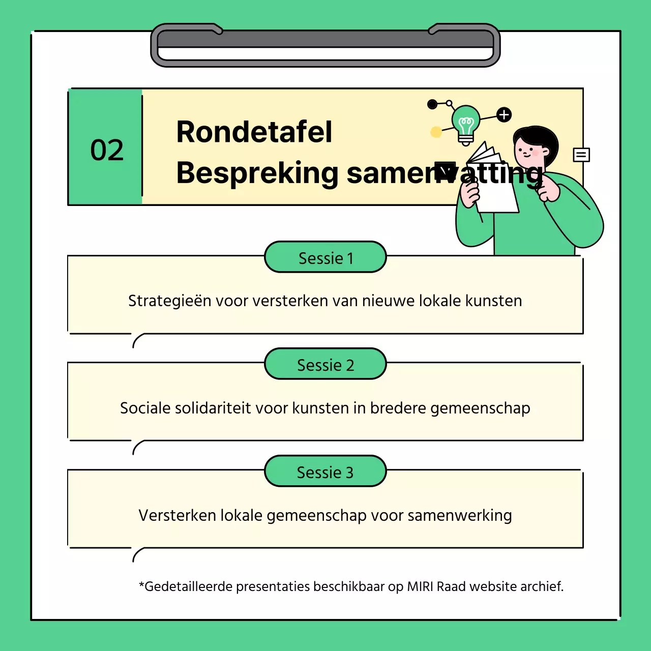 Een eenvoudig groen en geel verslag van de resultaten van een regionale bijeenkomst
