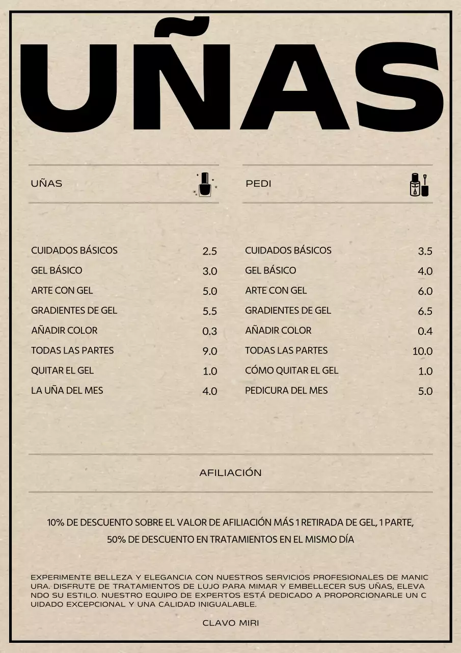 Precios de un salón de manicura sencillo en beige y negro