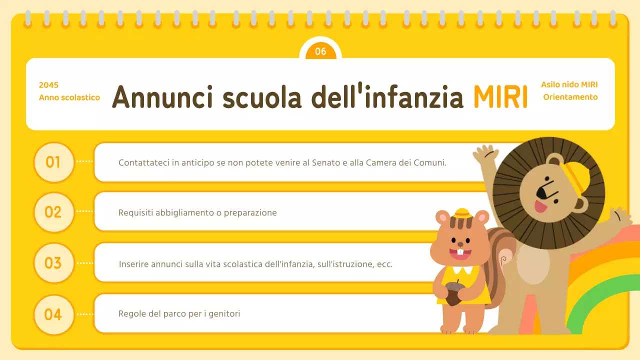 Presentazione dell'orientamento prescolare giallo e arancione