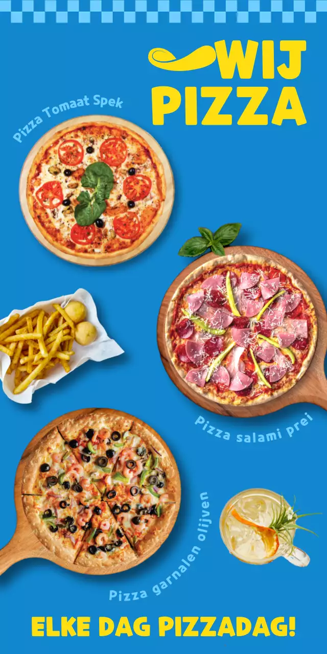 Blauw en geel pizza reclame menu bord