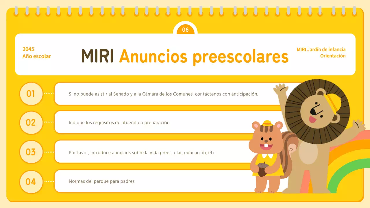 Presentación amarilla y naranja de orientación preescolar