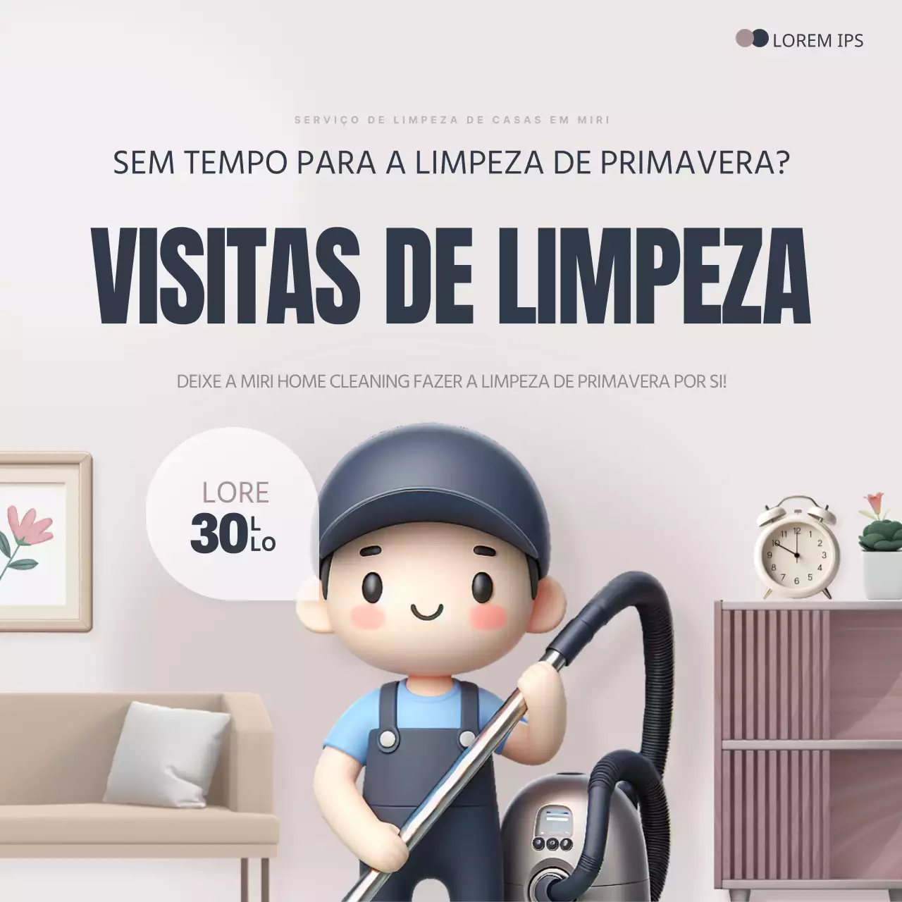 Um anúncio acolhedor, azul-marinho e castanho, para um serviço de limpeza porta-a-porta.