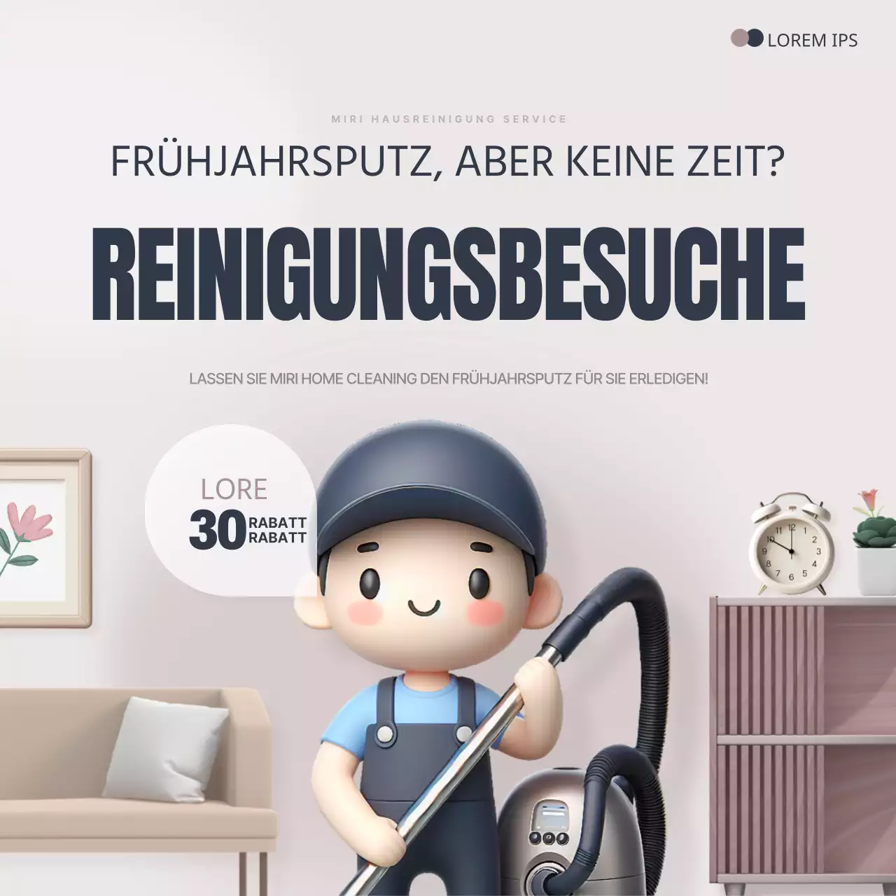 Eine gemütliche, marineblaue und braune Werbung für einen Reinigungsdienst von Haus zu Haus.
