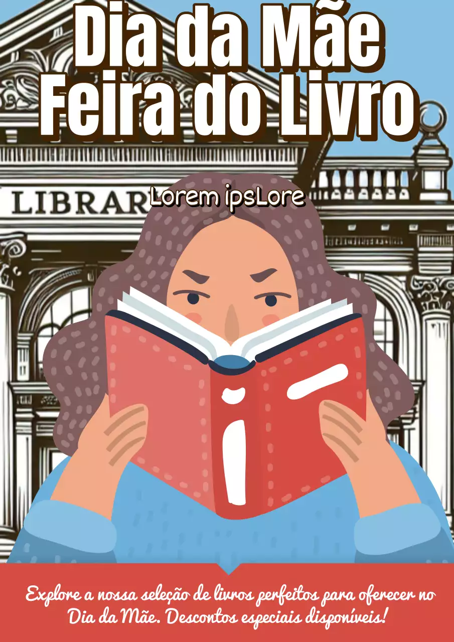 Publicidade da Feira do Livro do Dia da Mãe em azul celeste e vermelho Kitsch