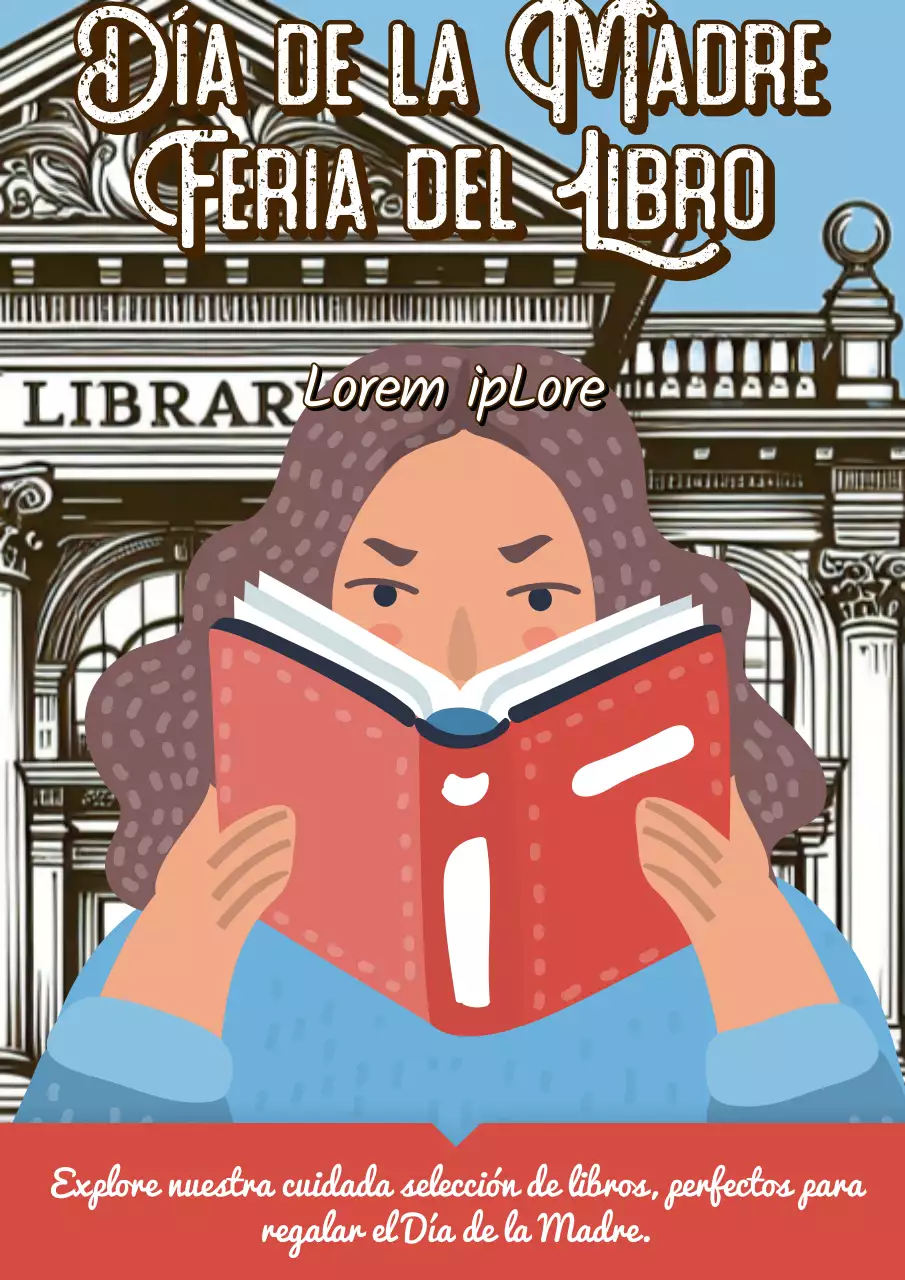 Publicidad de la Feria del Libro del Día de la Madre en azul cielo y rojo kitsch