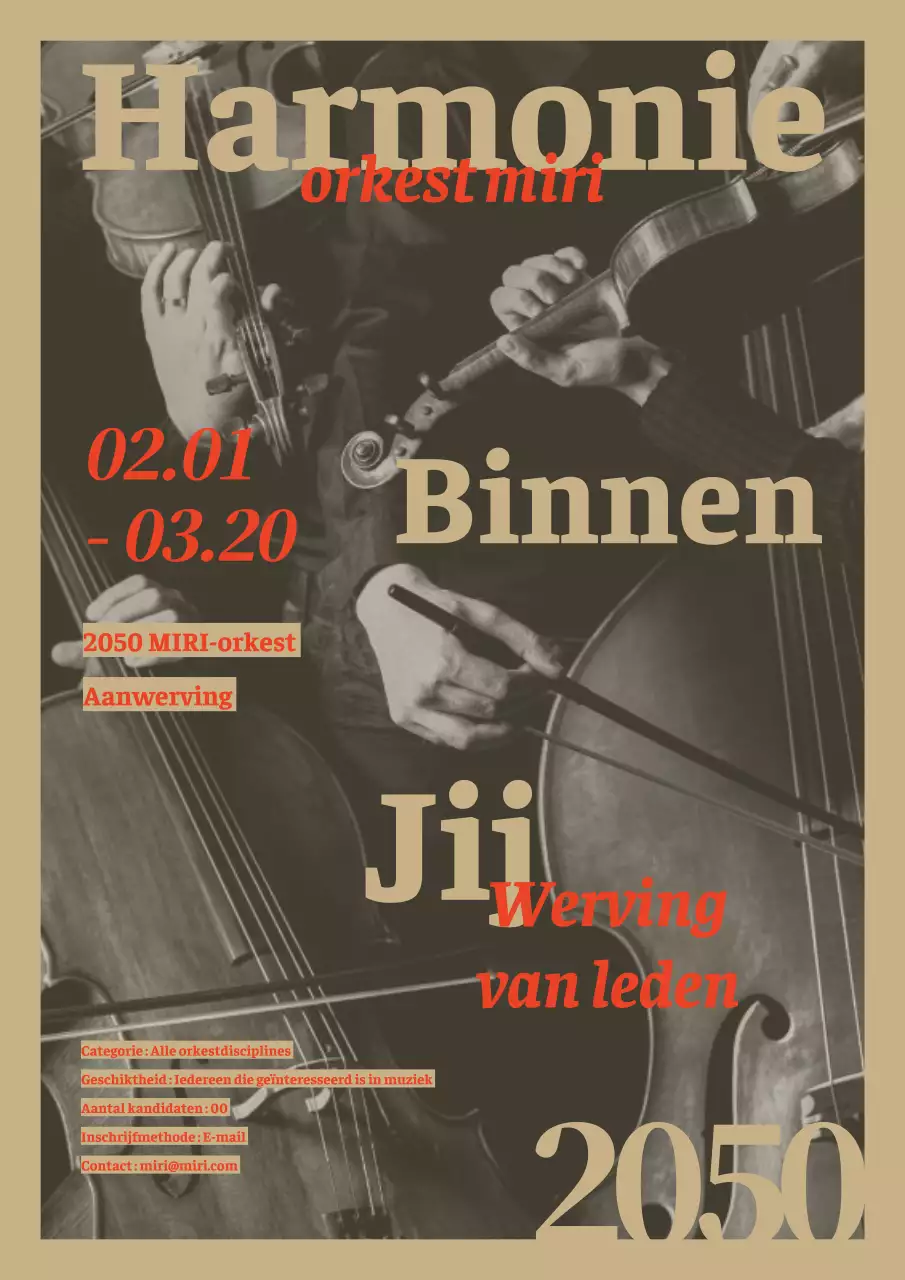 Een klassiek orkest in beige en rood is op zoek naar leden.