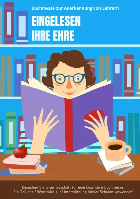 Himmelblauer und lilafarbener Kitsch zum Tag des Lehrers - Werbung für eine Leseveranstaltung