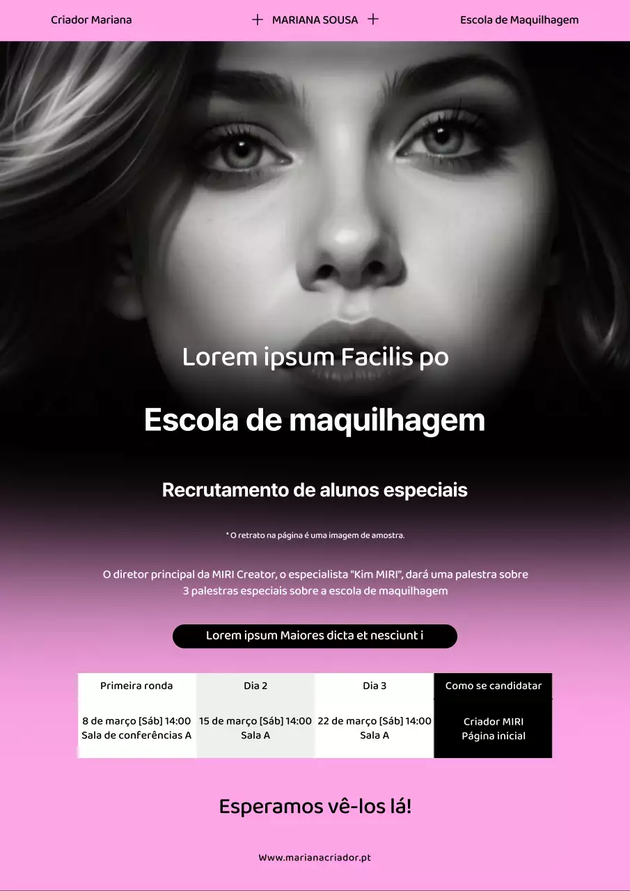 Anúncio de uma conferência especial sobre maquilhagem simples rosa e preta