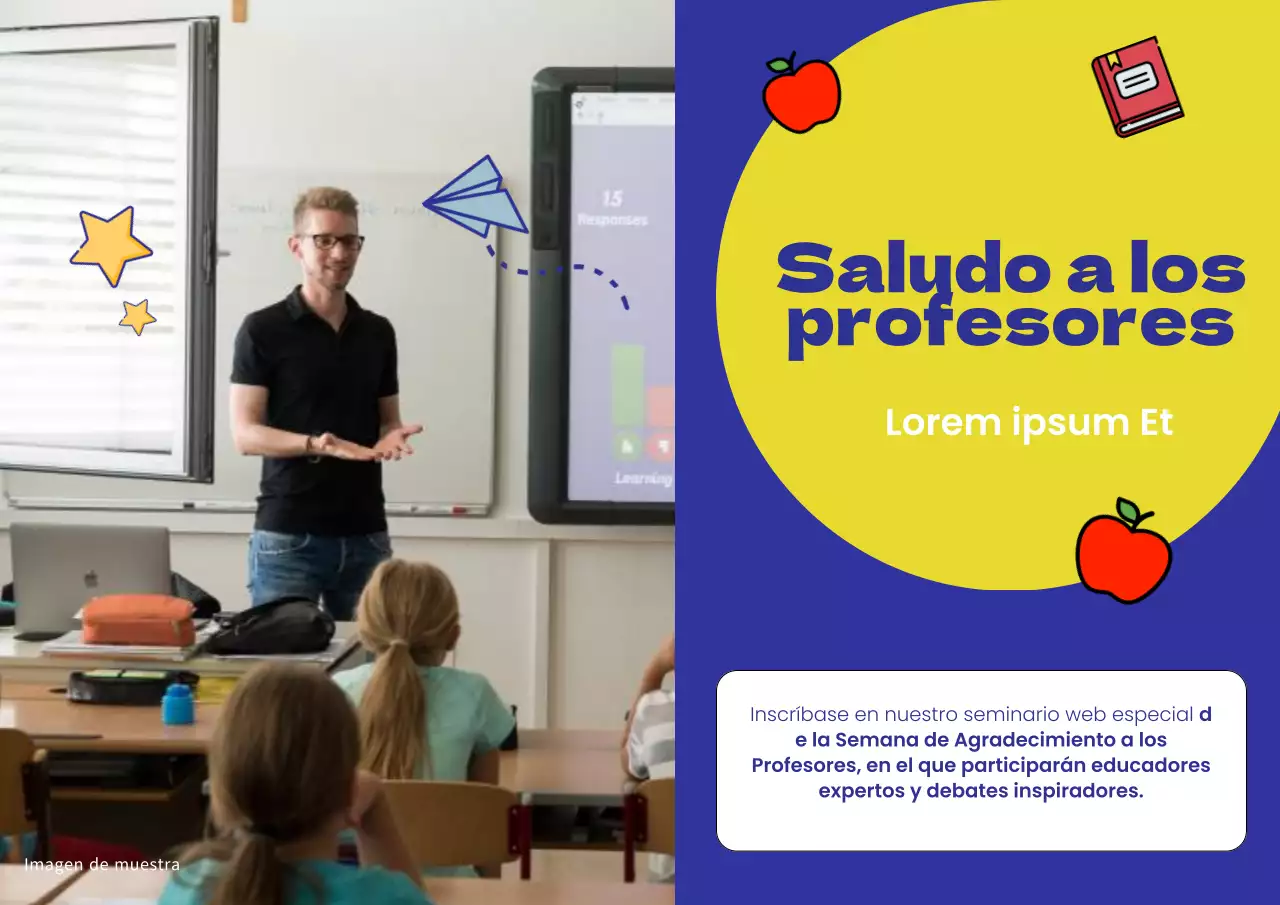 Invitación al seminario web del Día del Profesor en azul y amarillo