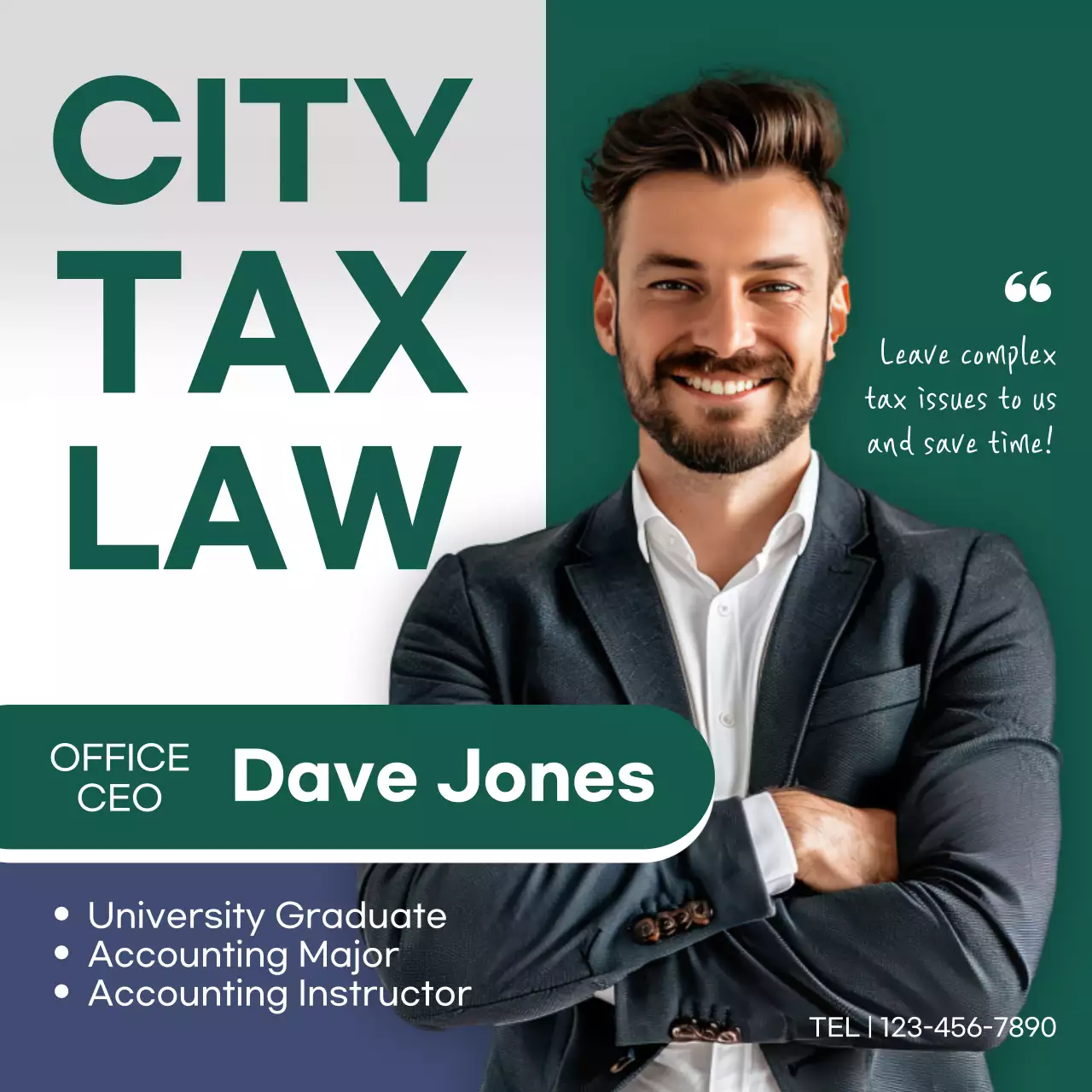 A simple green and navy blue promotion for a tax accounting firm.