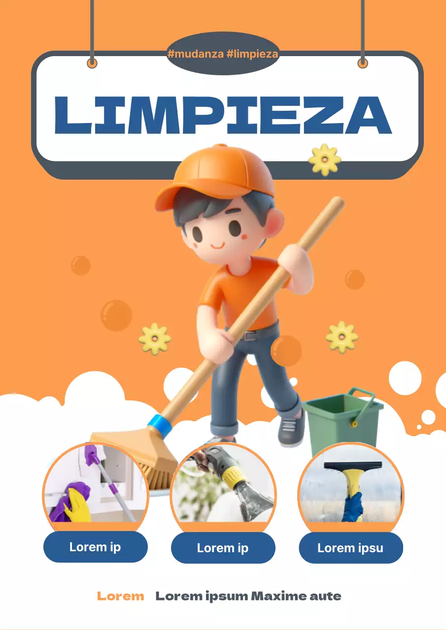 Moderno anuncio de empresa de limpieza en naranja y azul marino.