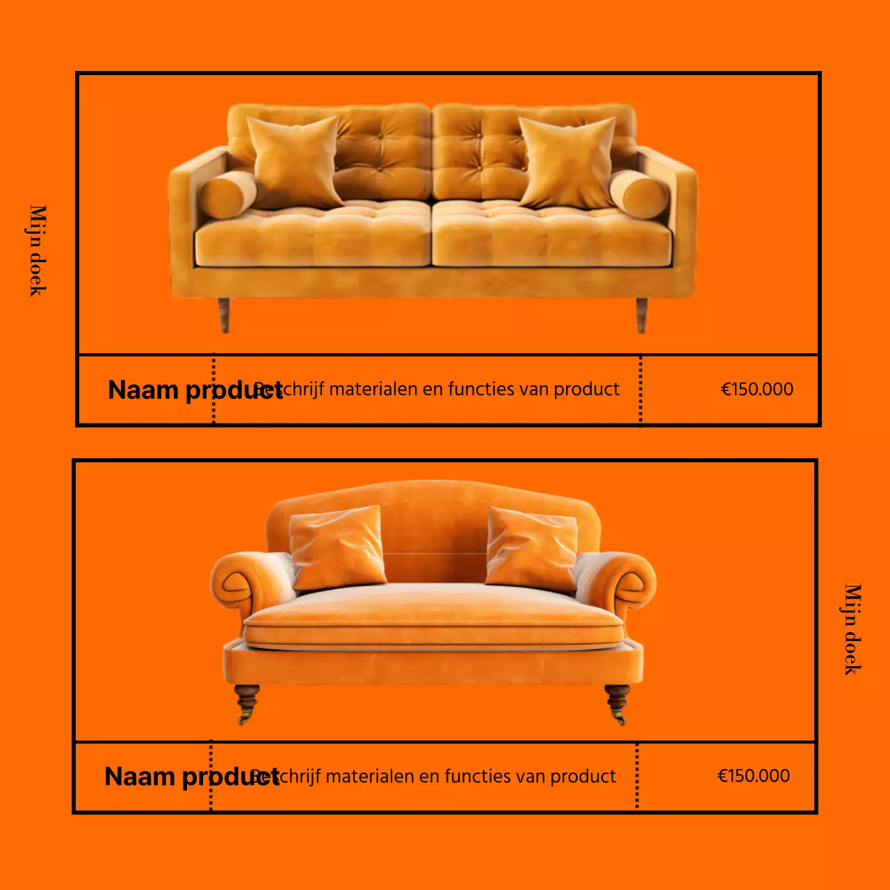 Minimalistische kitreclame voor meubelzaak in oranje en zwart