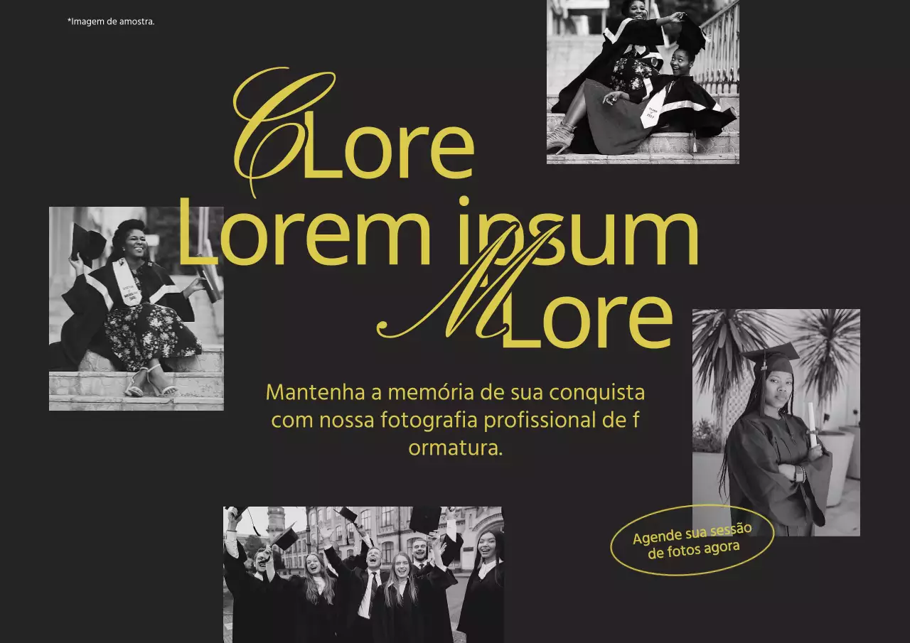 Anúncio fotográfico minimalista de formatura em preto e amarelo