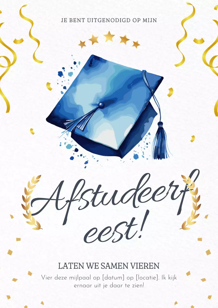 Gouden en Blauwe Elegante Uitnodiging voor Afstudeerfeest
