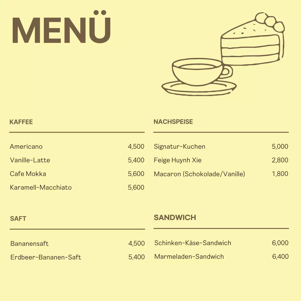 Schlichter Café-Aushang in Gelb und Braun