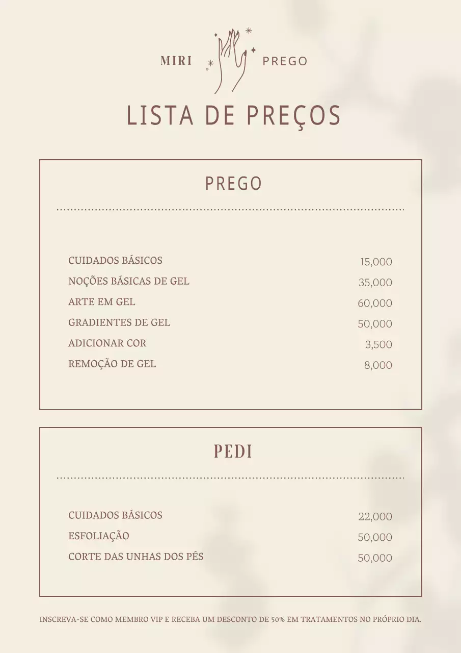 Preços para um salão de unhas minimalista com sombras de plantas em marfim e castanho