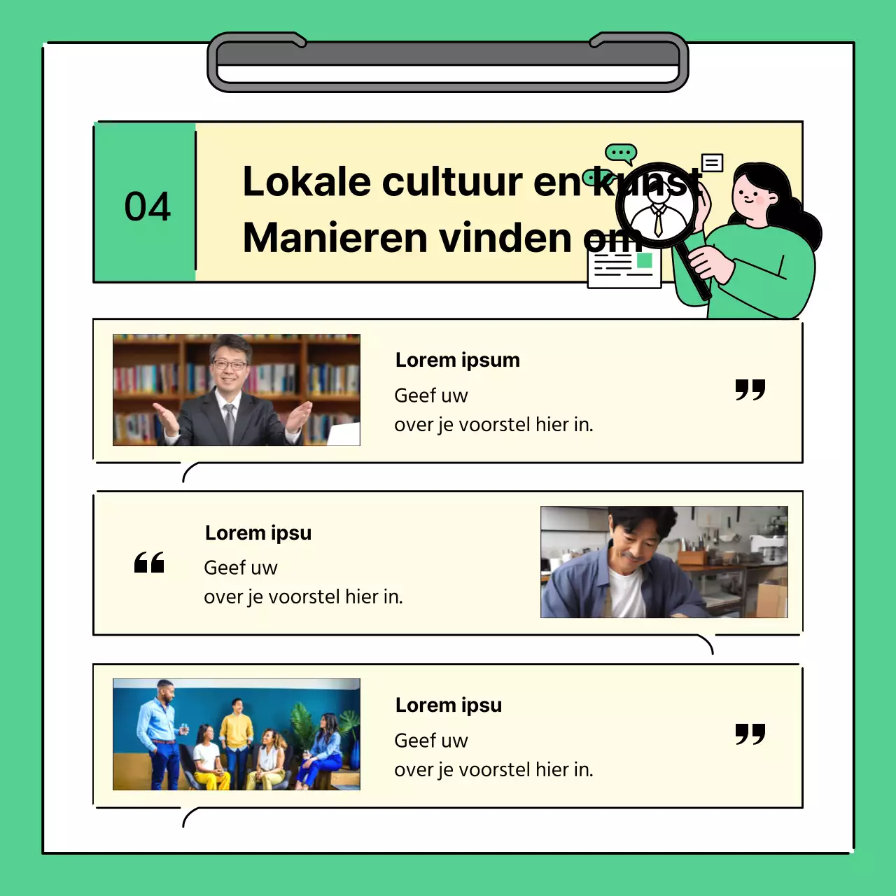 Een eenvoudig groen en geel verslag van de resultaten van een regionale bijeenkomst