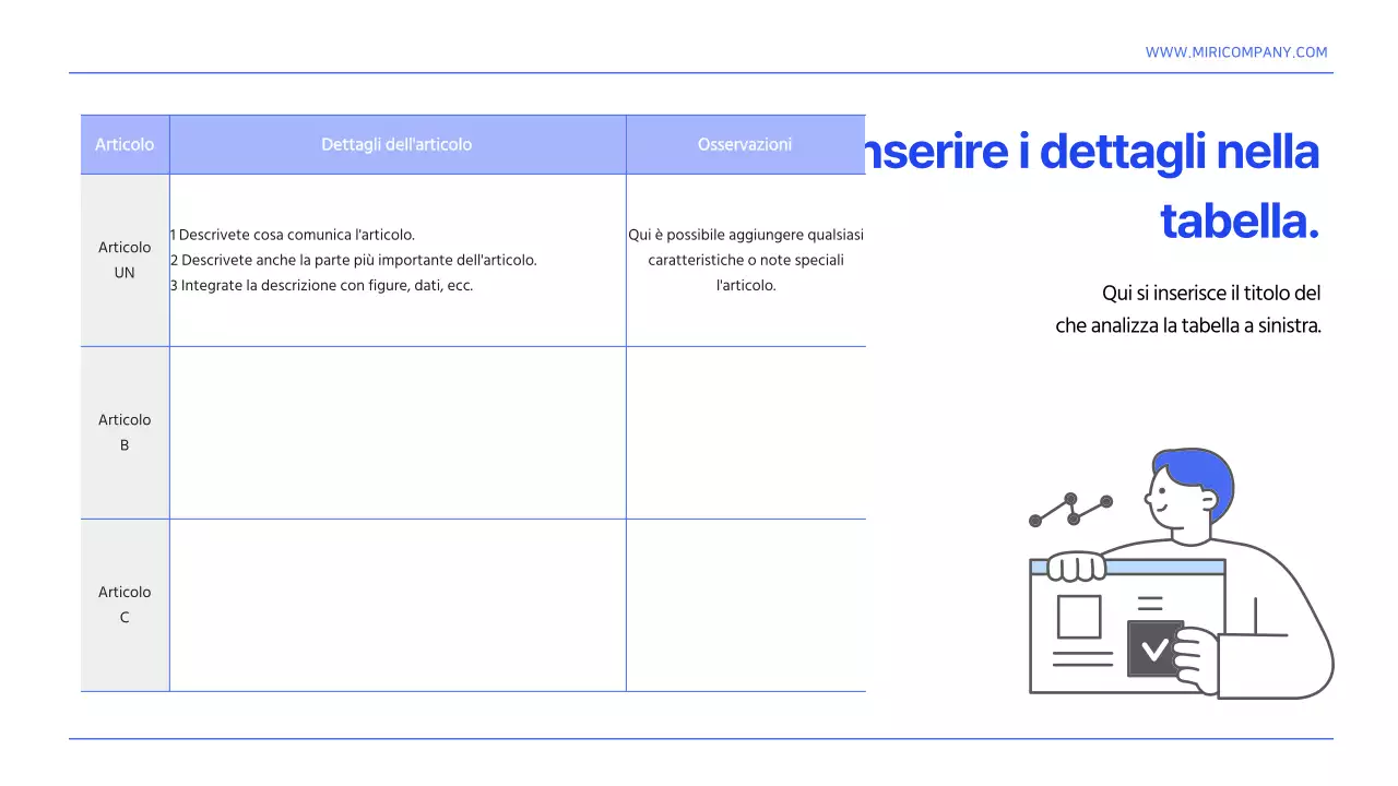 Un semplice modello di relazione sull'organizzazione delle informazioni in bianco e blu