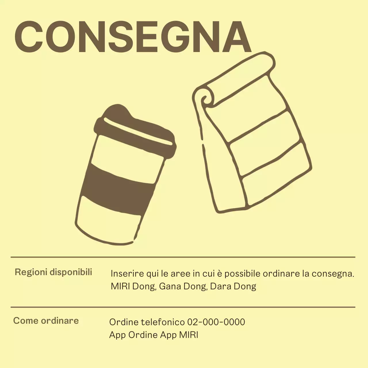 Semplice avviso di caffè in giallo e marrone