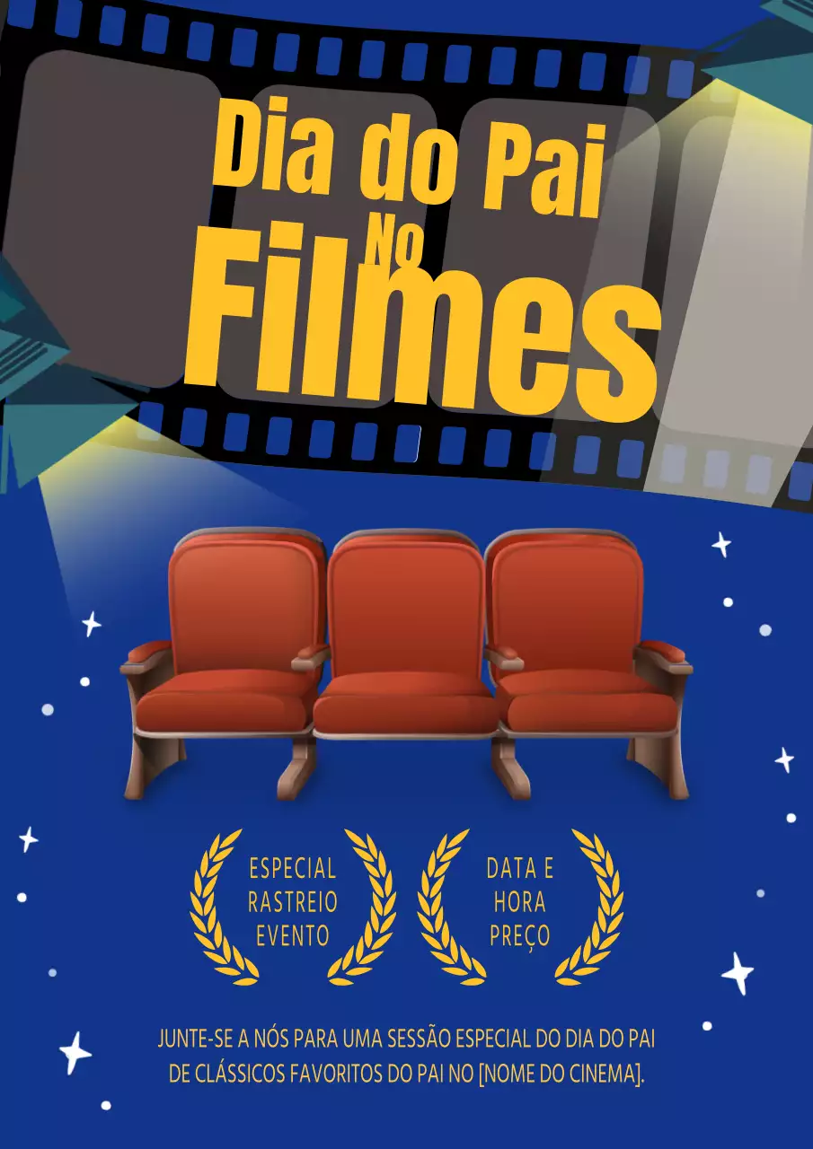 Anúncio de evento cinematográfico azul e amarelo para o Dia do Pai