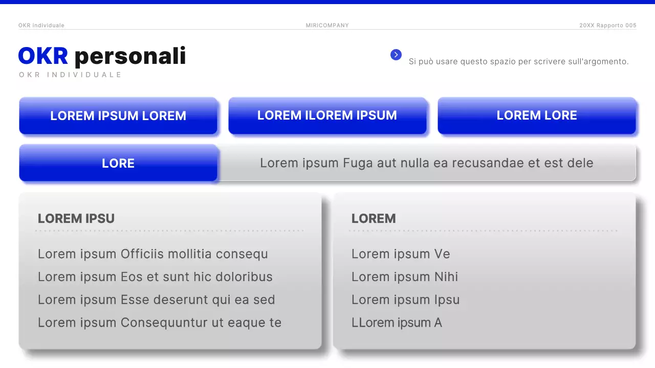 Un moderno rapporto OKR in blu e bianco