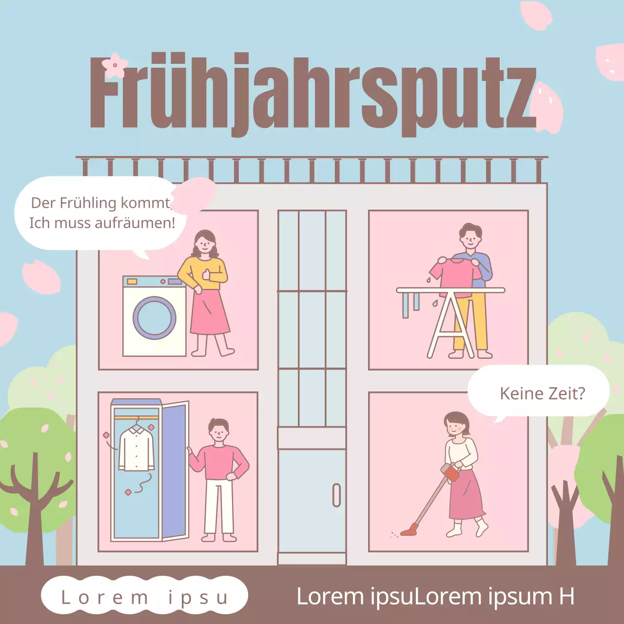 Eine niedliche hellblau-rosa Werbung für eine Reinigungsfirma, die von Tür zu Tür geht