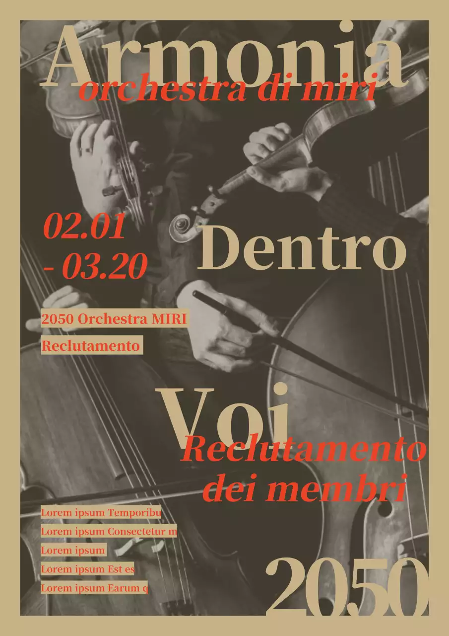 Un'orchestra classica in beige e rosso è alla ricerca di membri.