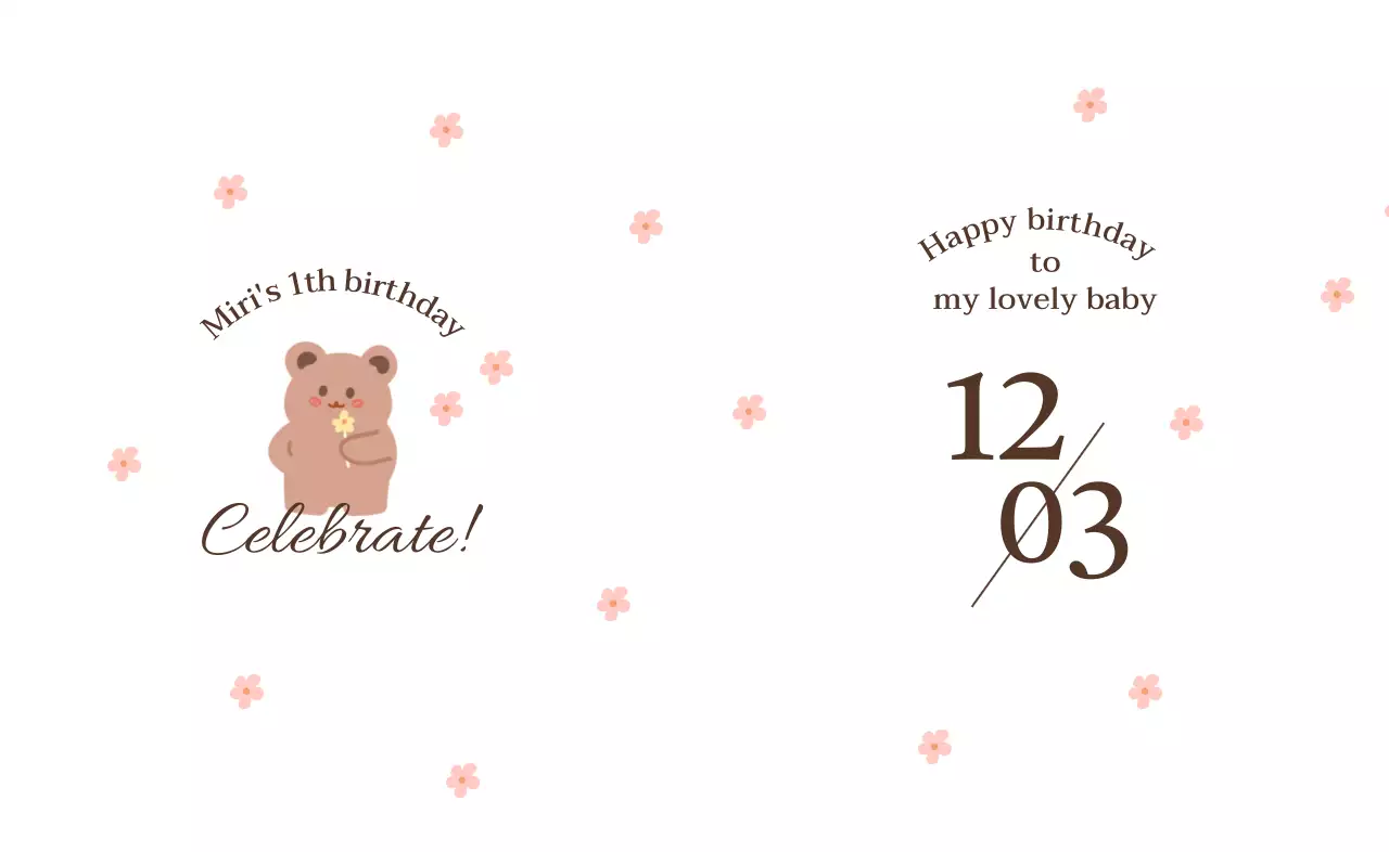 꽃을 든 곰돌이 드로잉과 꽃 패턴이 있는 돌잔치