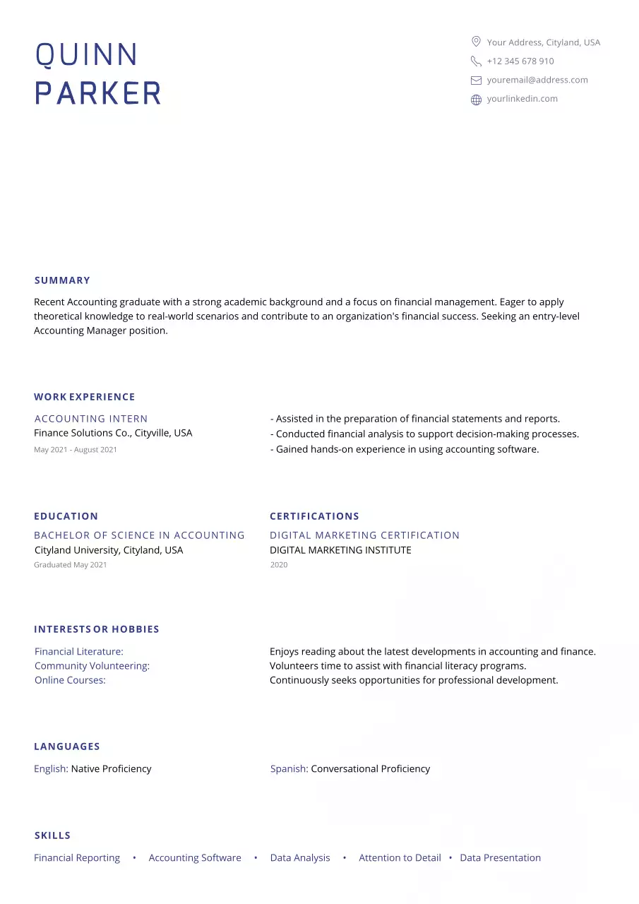 Blue Clean Minimalist Accounting CV Resume
