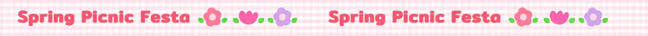핑크색 체크무늬 패턴과 꽃 일러스트가 있는 귀여운 느낌의 봄 피크닉 페스티벌