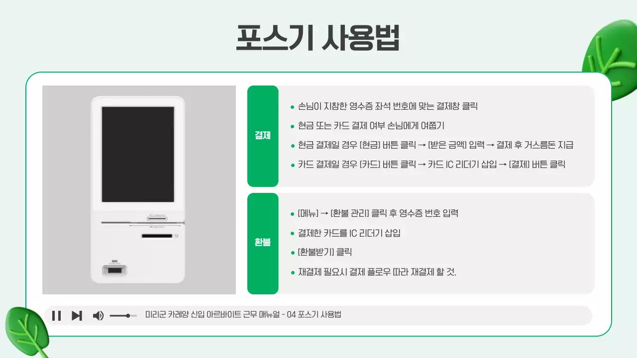 흰색과 초록색의 아기자기한 아르바이트 근무 매뉴얼 안내서