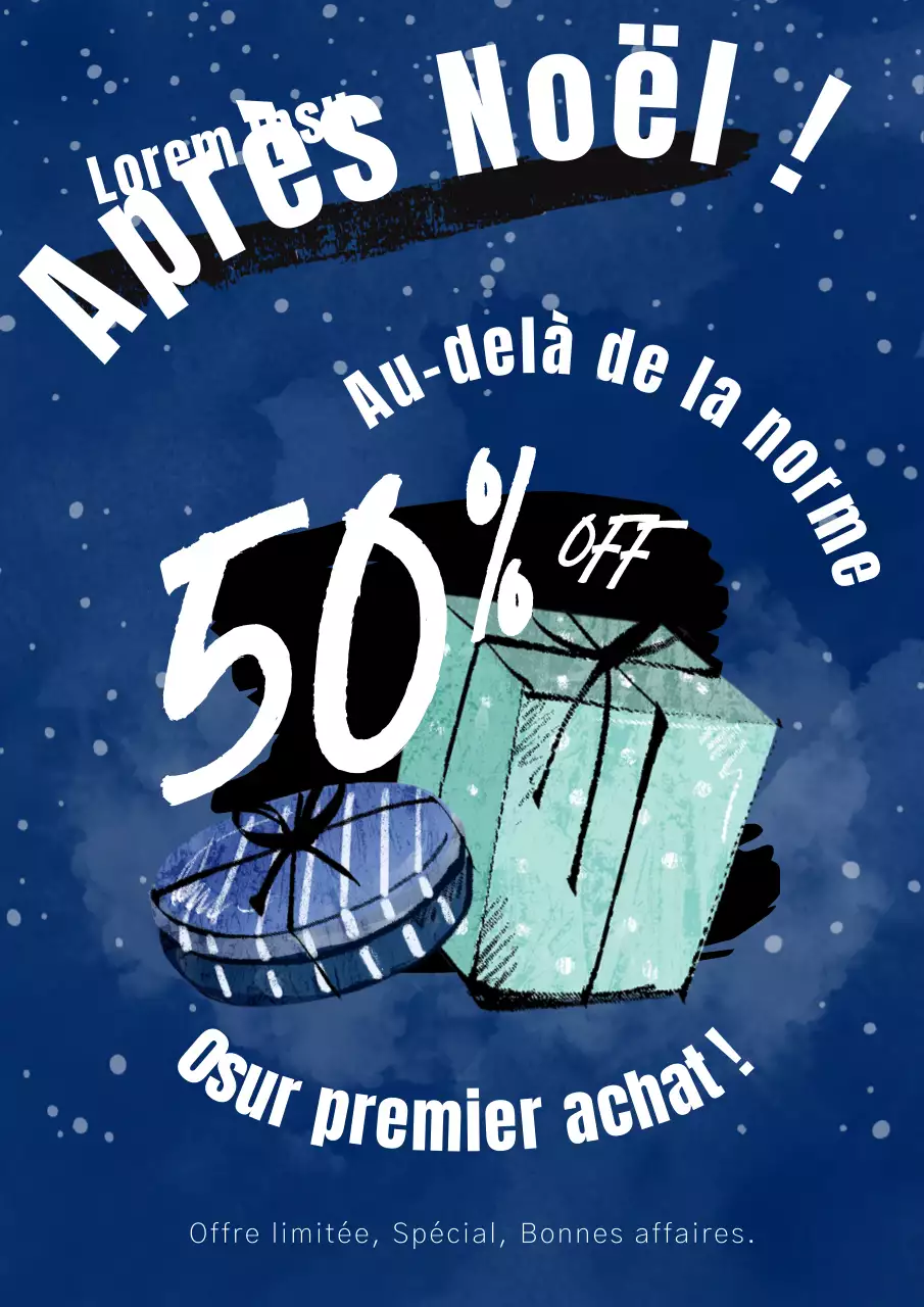 Publicité tendance pour le lendemain de Noël en bleu marine et noir
