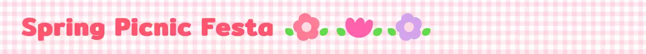 핑크색 체크무늬 패턴과 꽃 일러스트가 있는 귀여운 느낌의 봄 피크닉 페스티벌