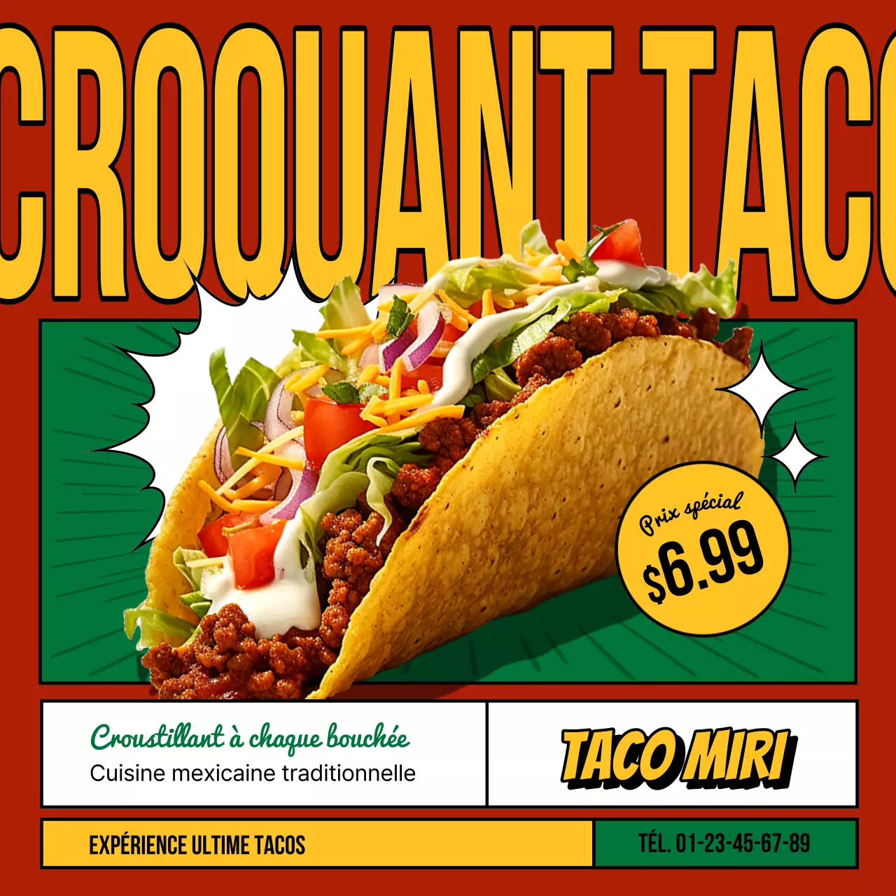 Promouvoir un restaurant de tacos pop art avec du rouge et du vert