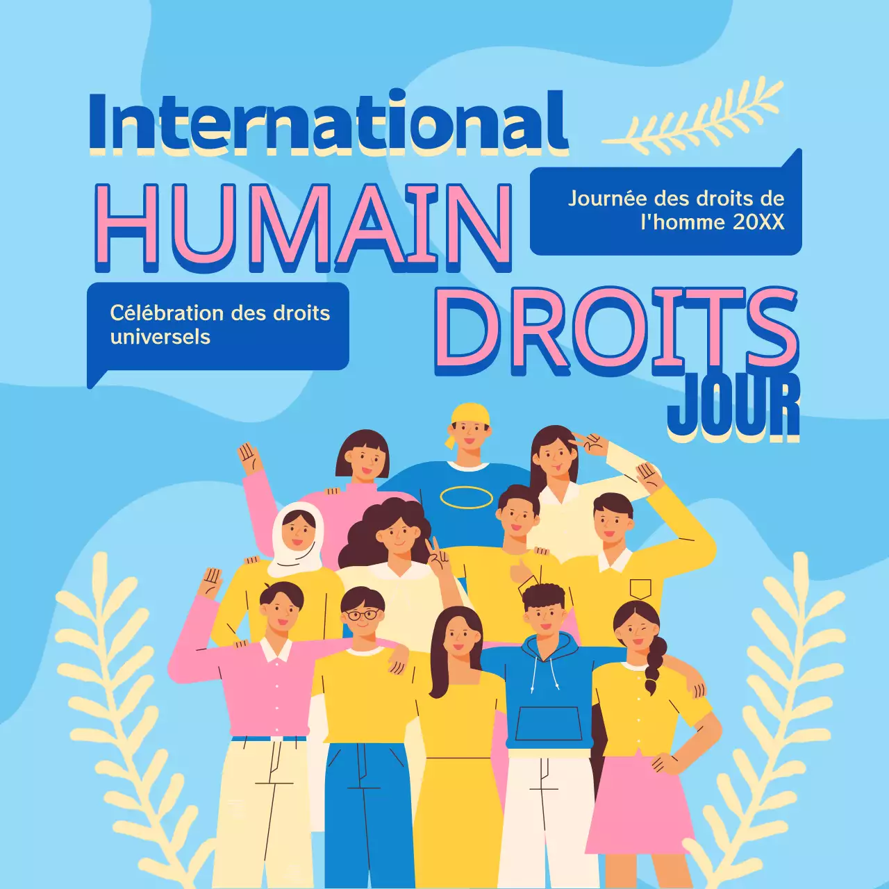 Publicité tendance bleue et rose pour la Journée des droits de l'homme