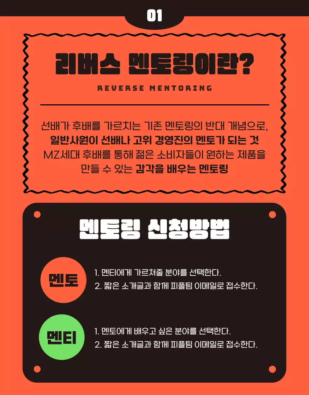 주황색과 초록색의 키치한 리버스 멘토링 홍보