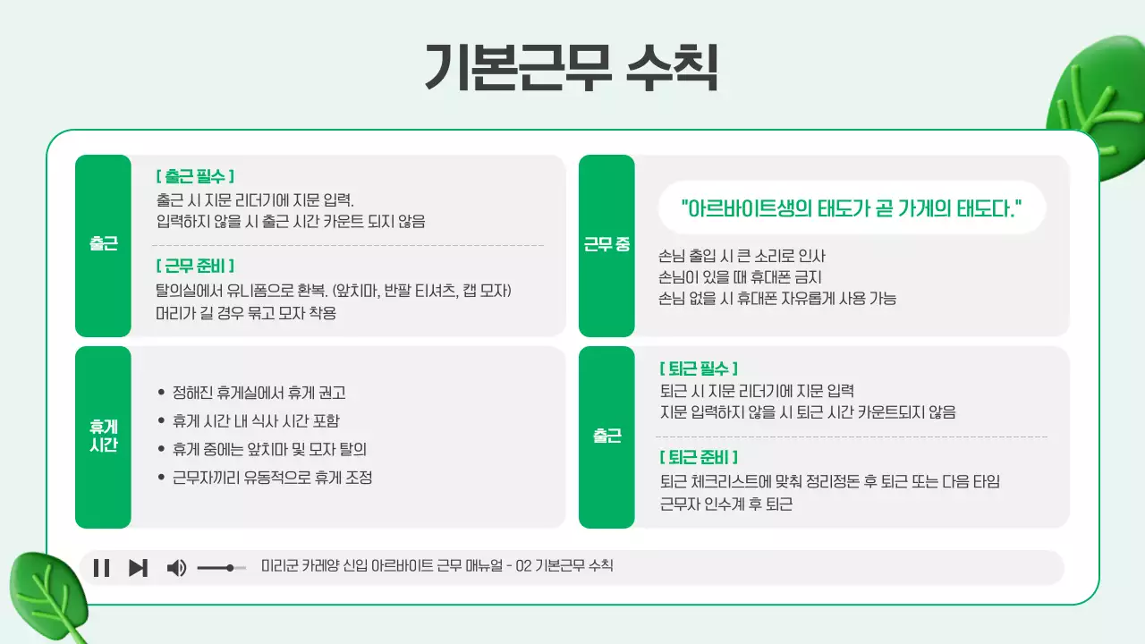 흰색과 초록색의 아기자기한 아르바이트 근무 매뉴얼 안내서