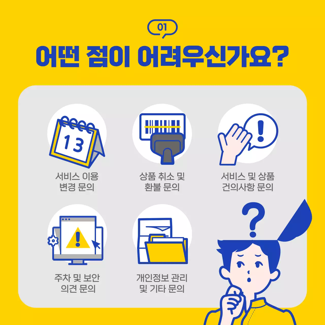 노랑과 남색의 심플한 고객센터 이용 안내 소개서