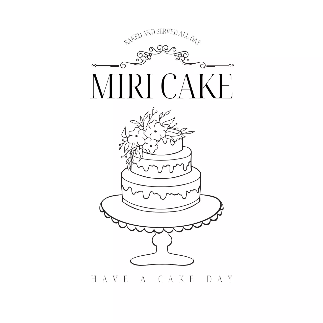 ケーキのラインドローイングイラストと英語フォントと高級感のあるライン装飾がポイントのケーキカフェのロゴデザイン。