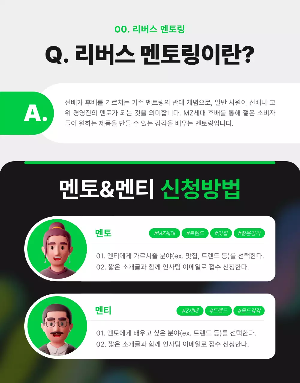 초록과 흰색의 모던한 사내 멘토링 모집 홍보