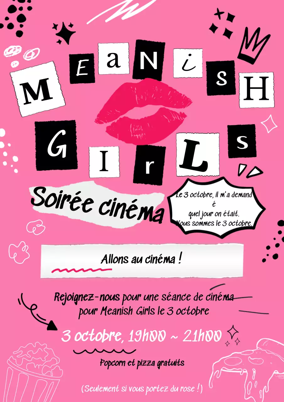 Invitation à la soirée cinéma pop rose et noir