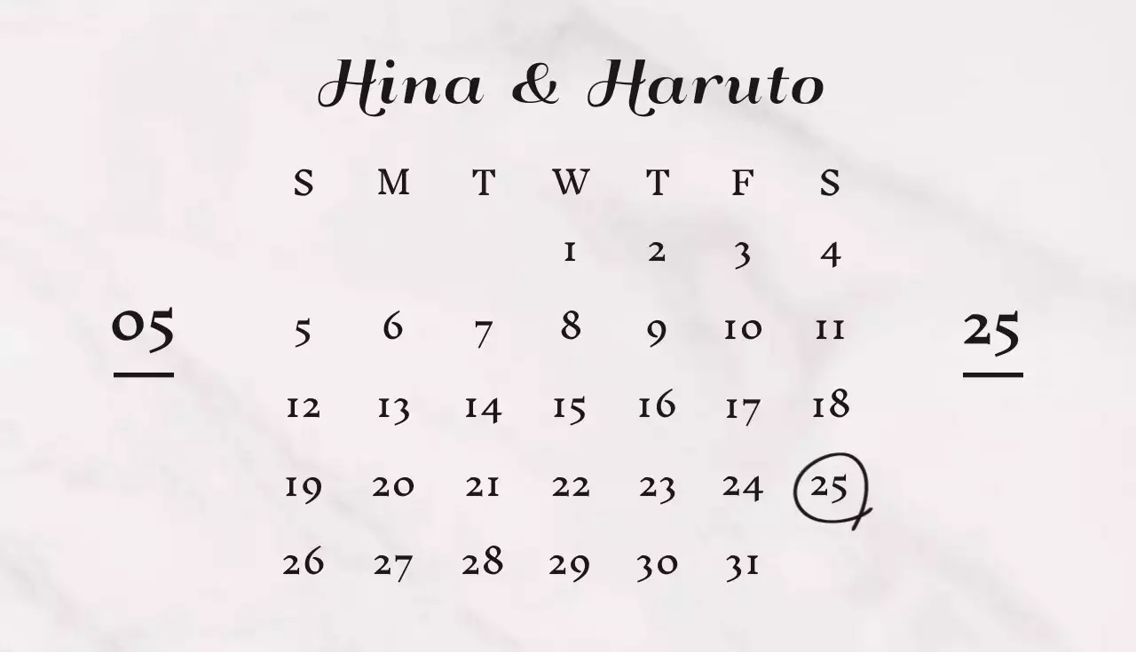 白とピンクのきれいな大理石の背景と英語フォントのシンプルで高級感のある結婚式のカレンダー。