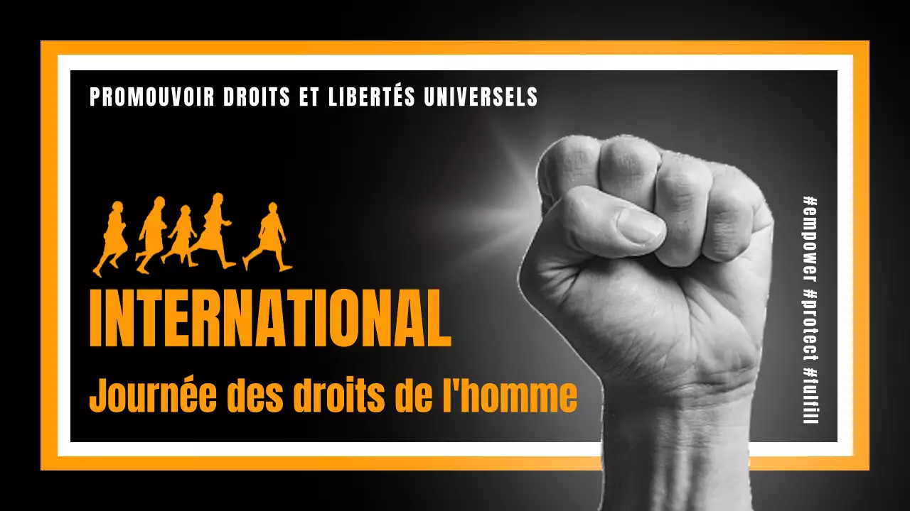 Publicité tendance noire et orange pour la Journée des droits de l'homme