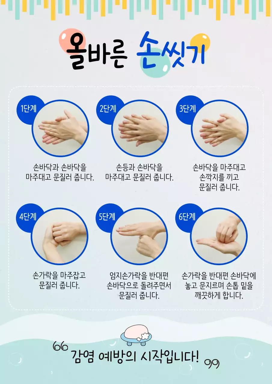 초록 노랑 파스텔톤 색상의 올바른 손씻기 6단계