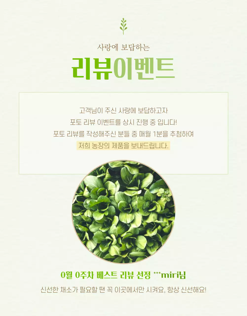 연두색과 노랑의 아기자기한 농산물 판매 설명