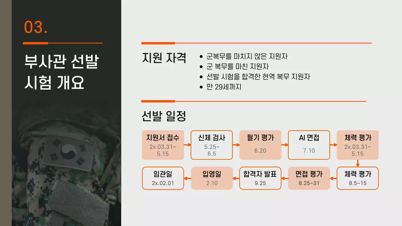 카키와 주황의 심플한 모집 설명