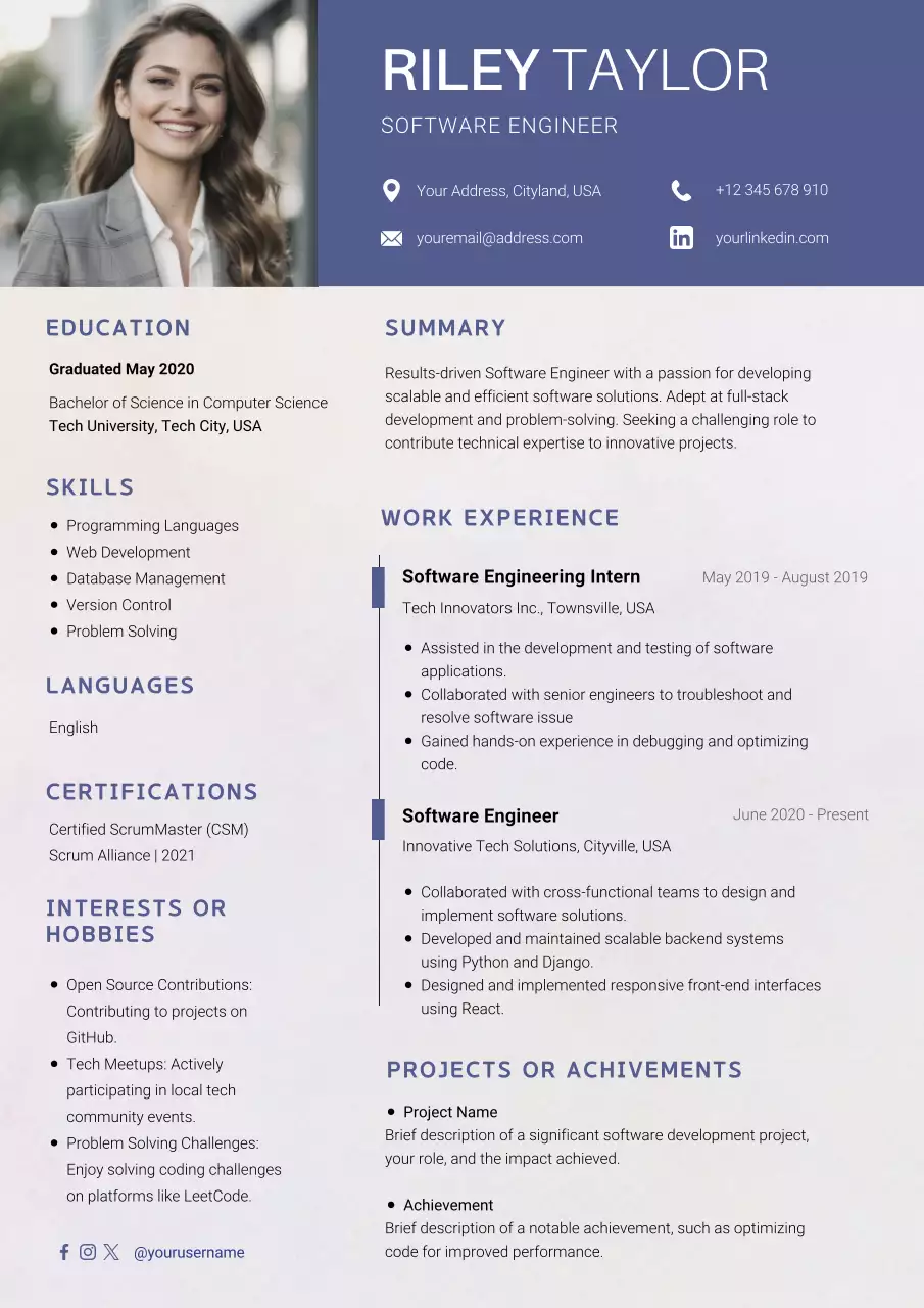 Blue Navy Simple Software Engineer Resume
