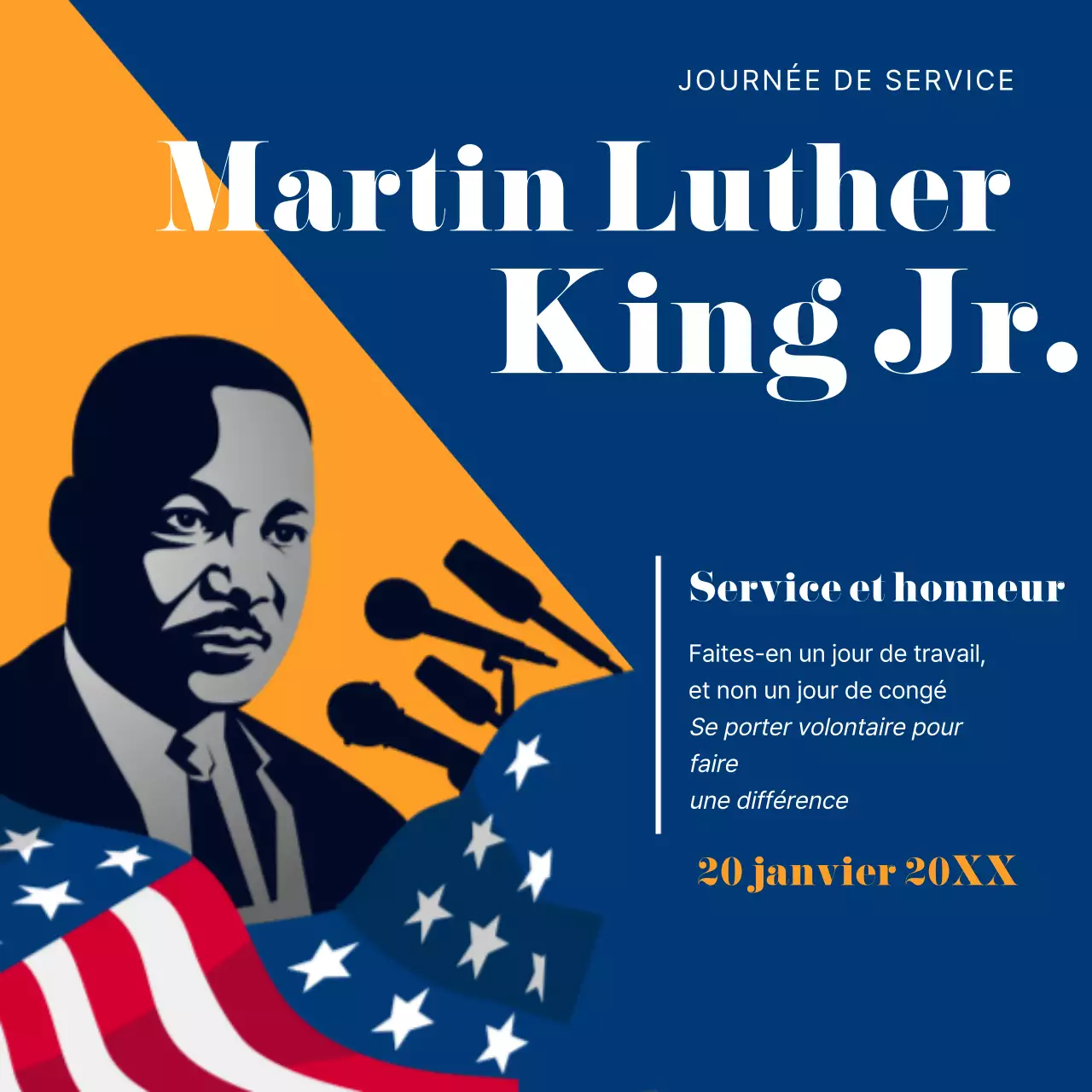 Publicité classique bleu et orange pour la journée Martin Luther King
