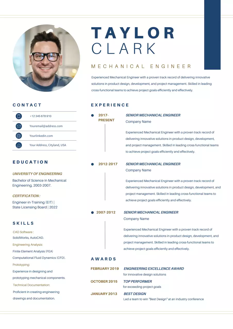 Blue Simple Modern Mechanical Engineer CV Resume