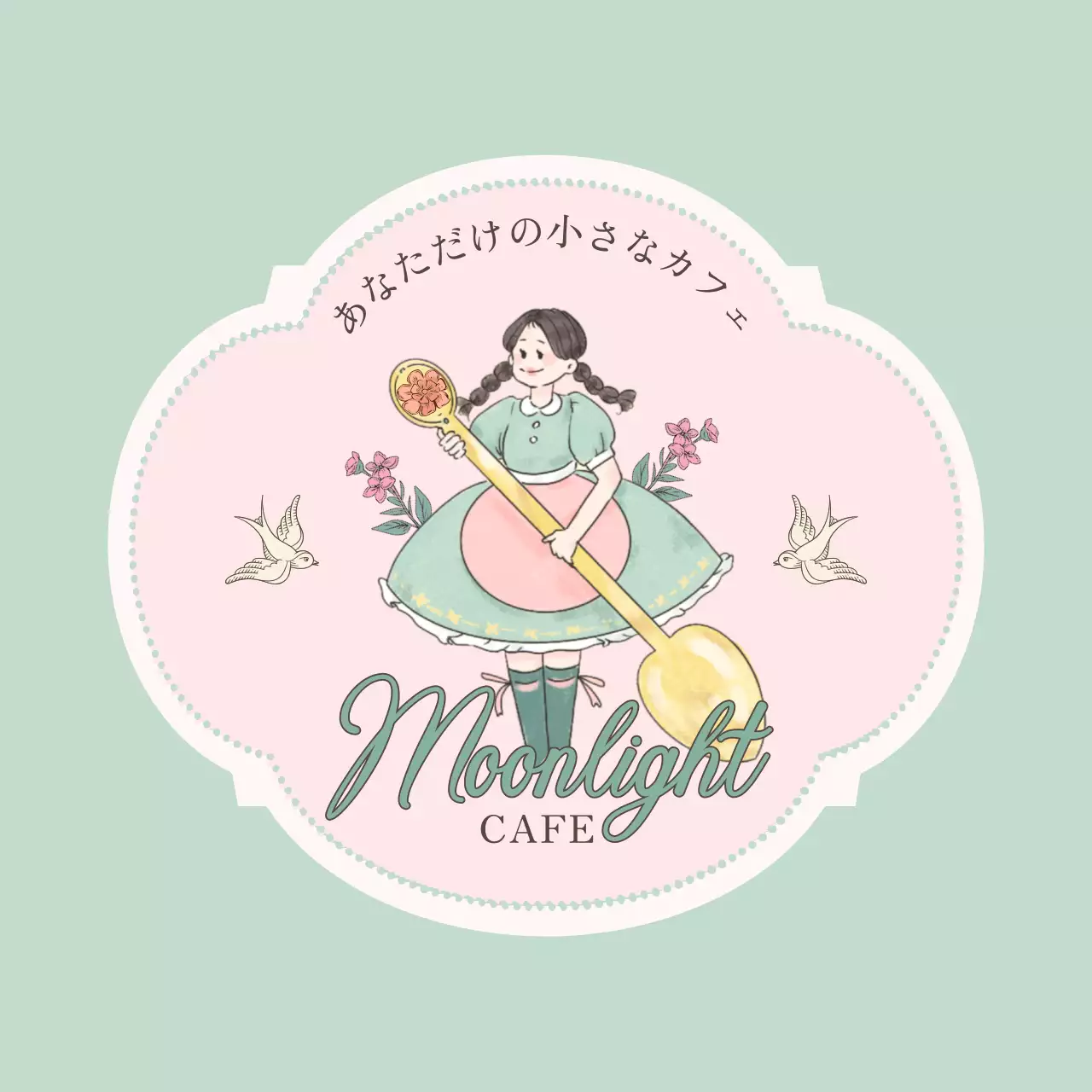 ミントとピンクの優しいコンセプトの女の子イラストの落ち着いたカフェの販促用。